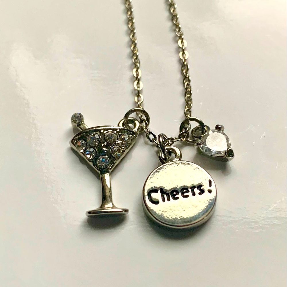 🍸3 Cheers Martini Glass Genuine CZ & Crystal Necklace by Cookie Lee
